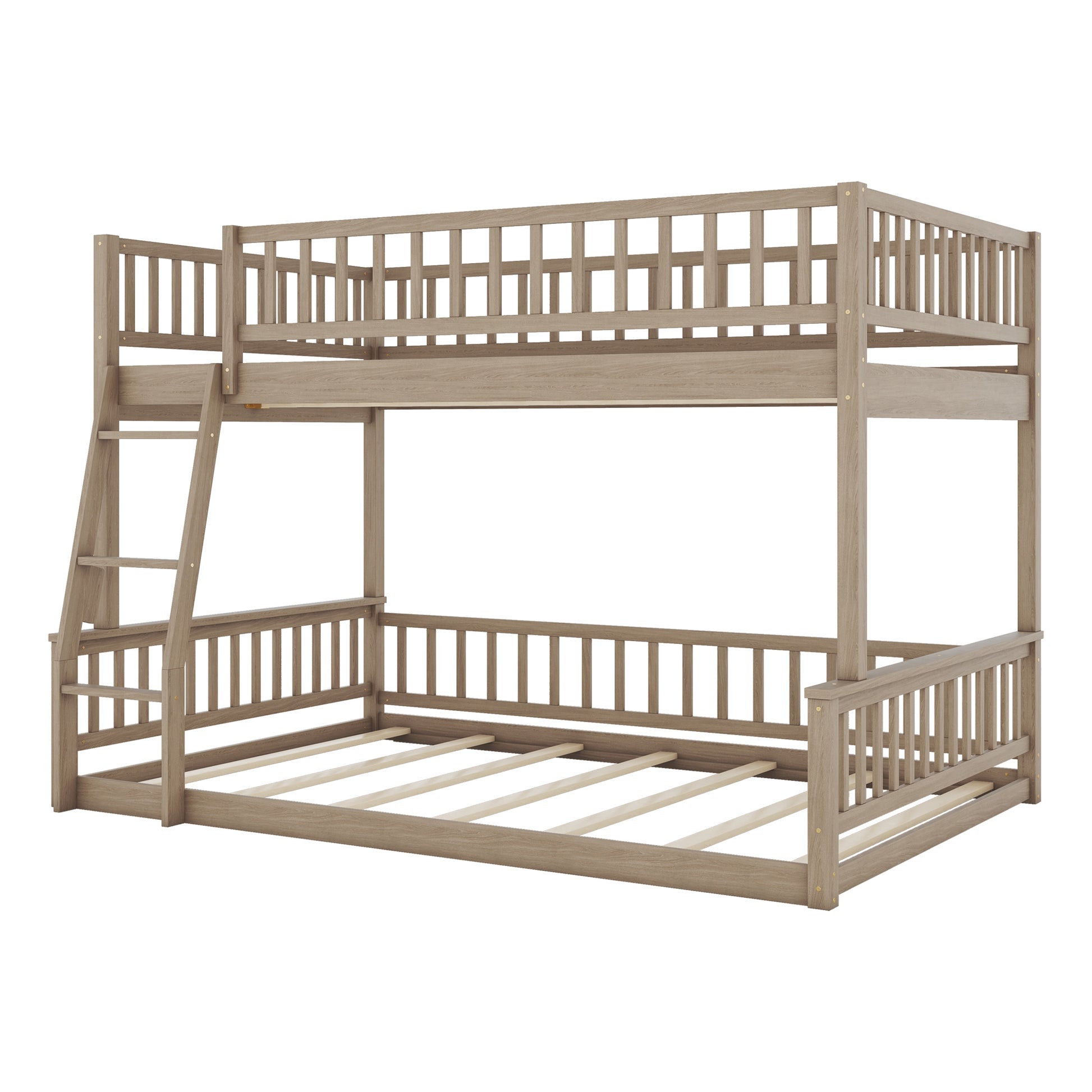 Gray wooden bunk bed with ladder