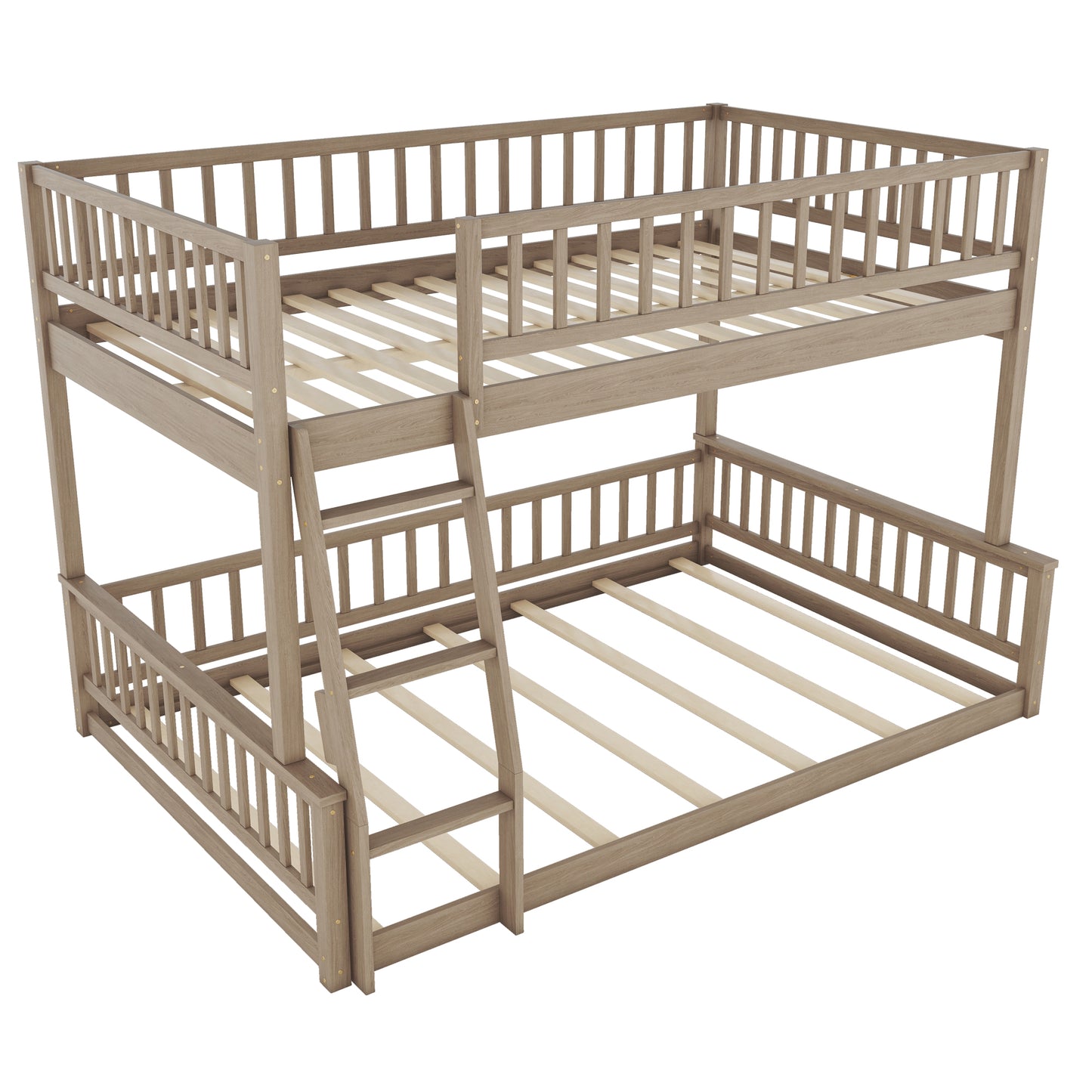 Rustic oak wood bunk bed with ladder and slatted bases