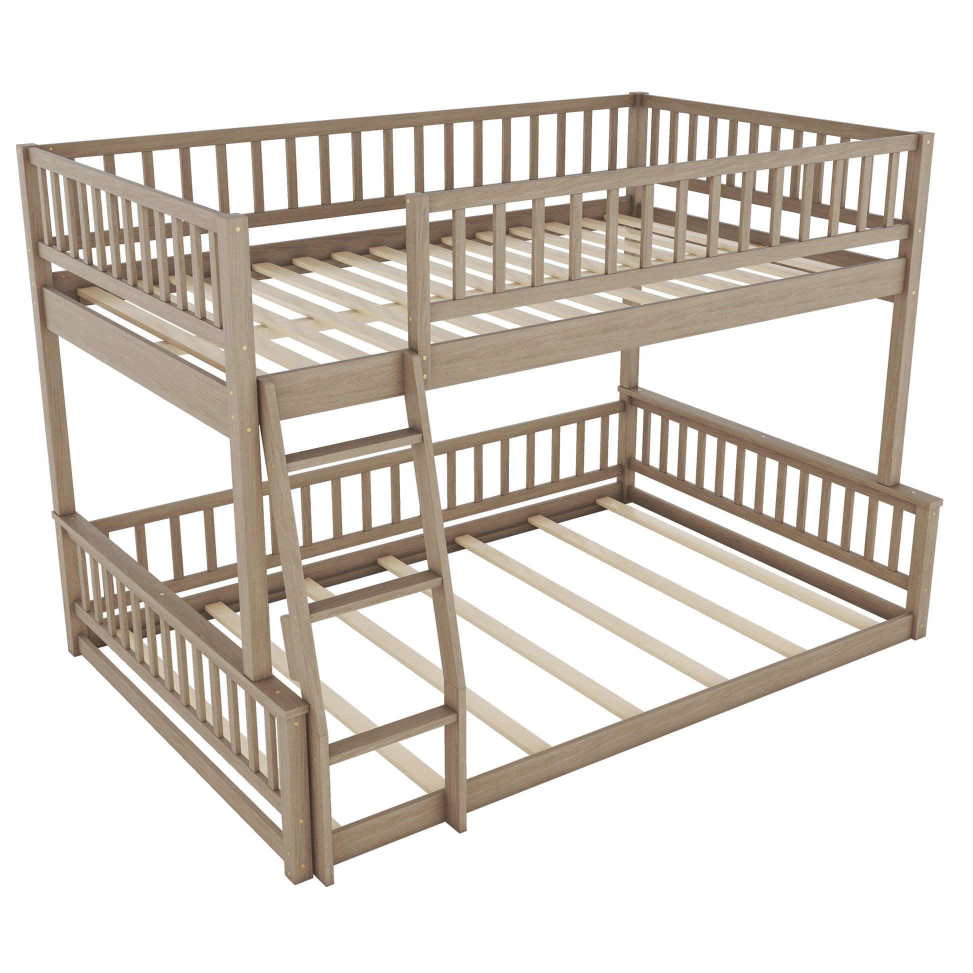 Rustic oak wood bunk bed with ladder and slatted bases