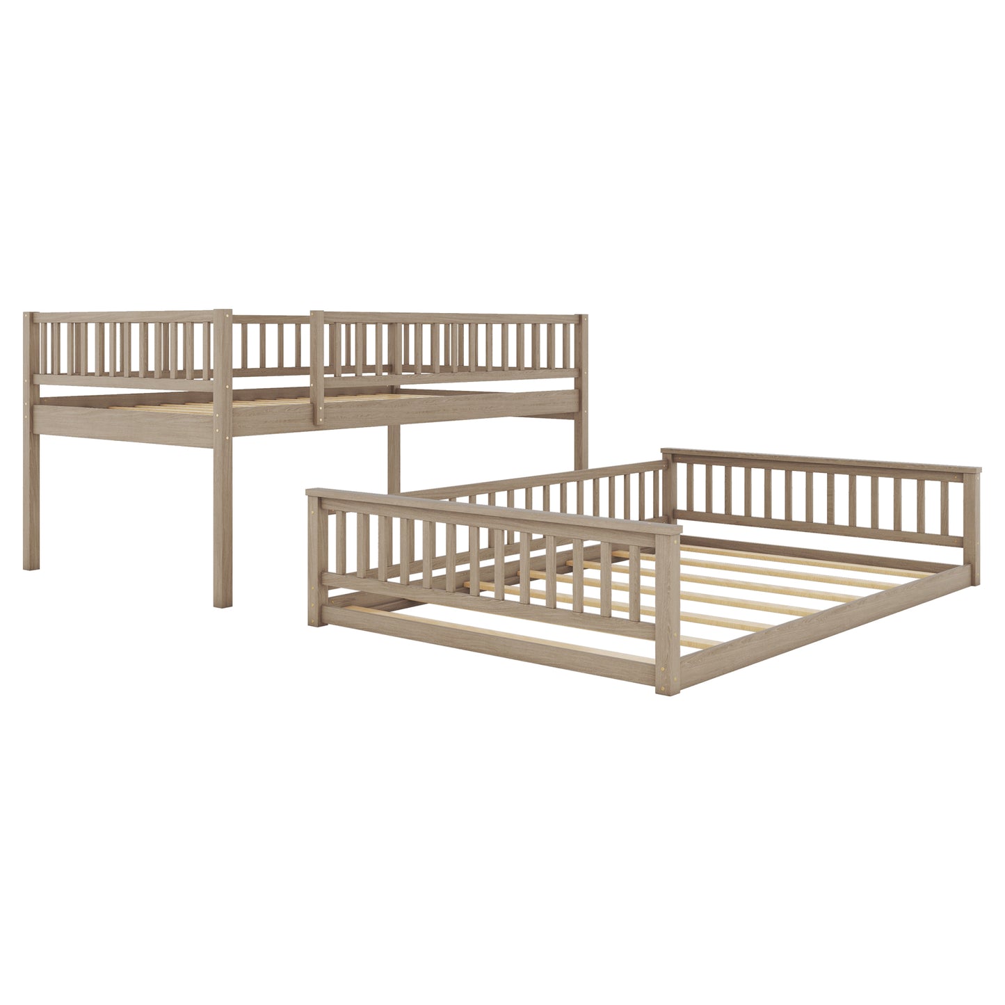 Rustic oak wood bunk bed frame with slatted headboards and footboards