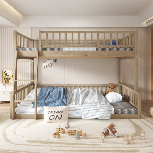 Natural wood bunk bed with blue striped bedding