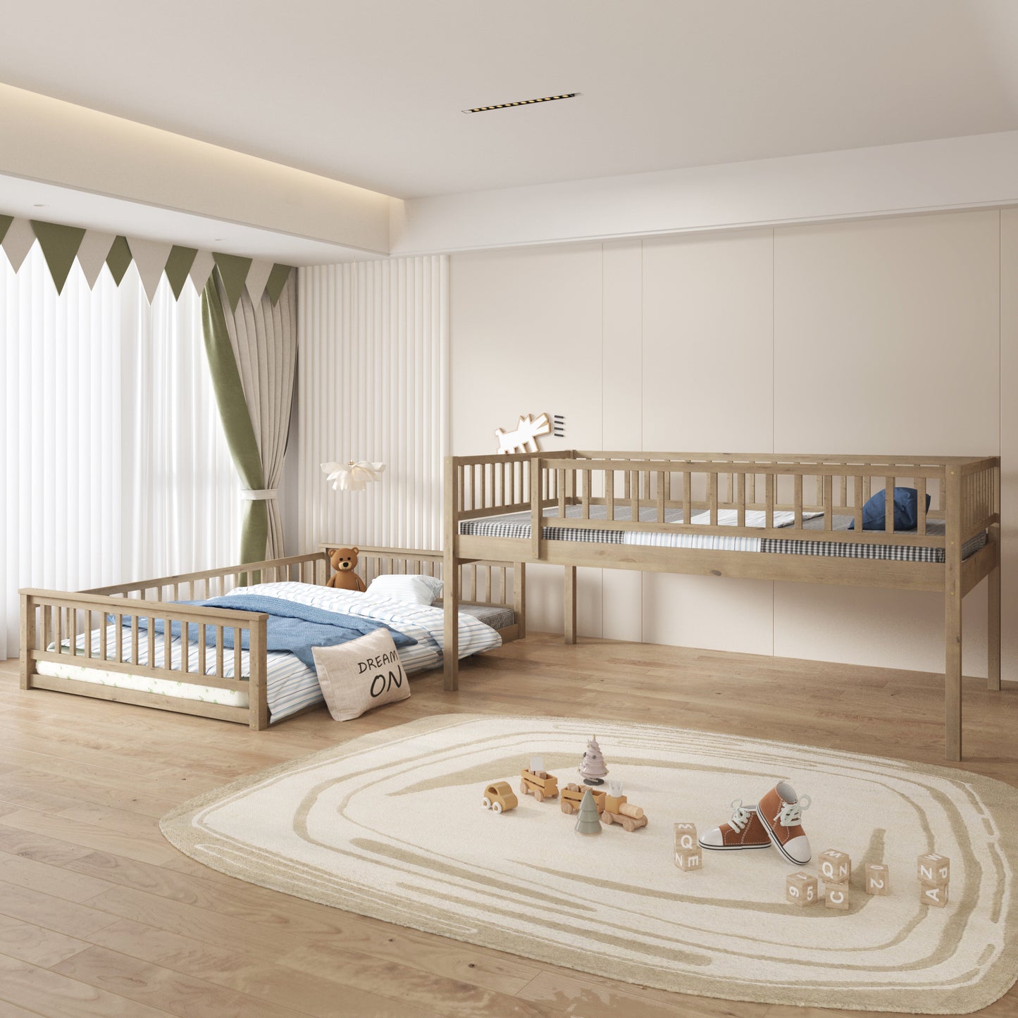 Natural wood bunk bed set with guardrails blue bedding and childrens toys on the floor
