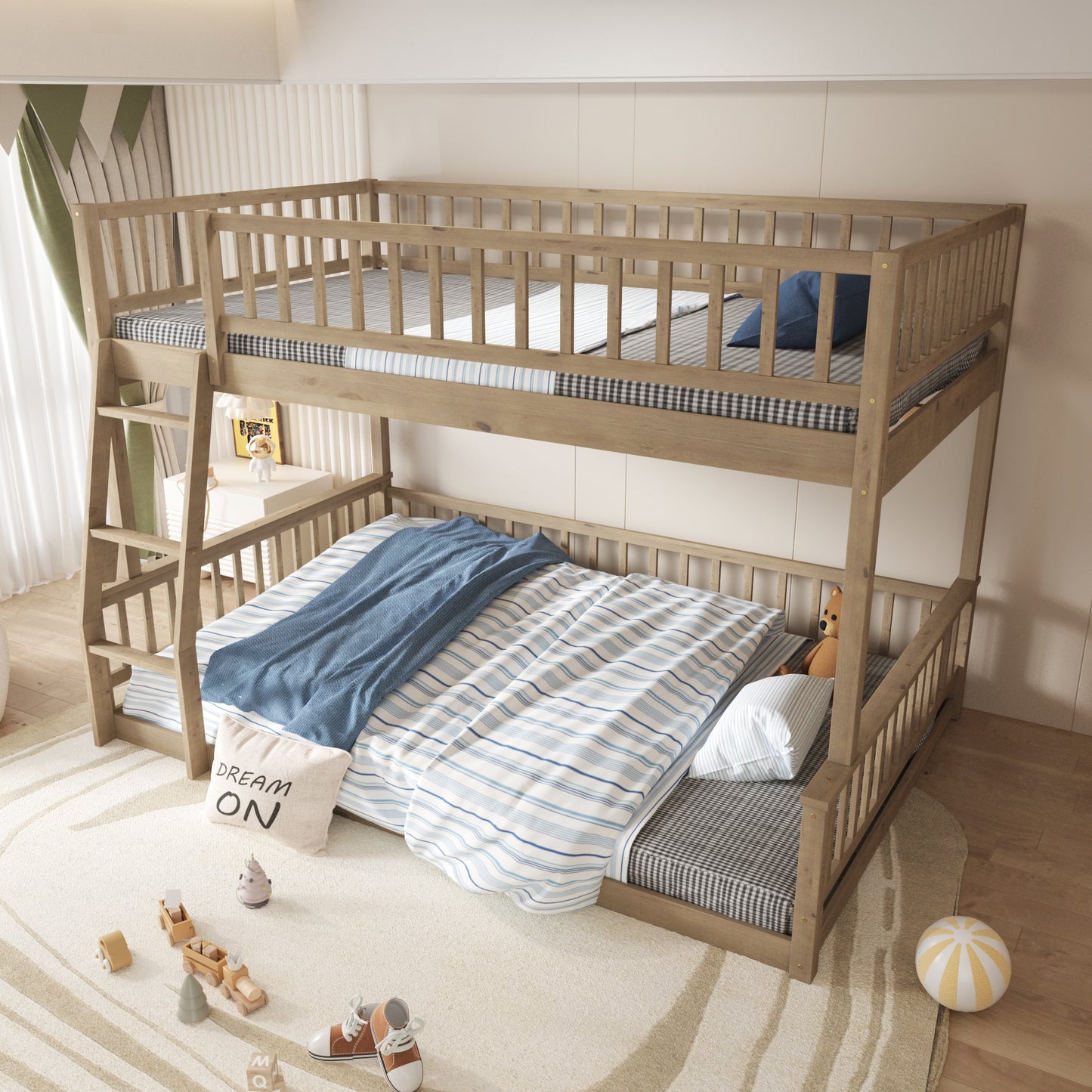 Natural wood twin over twin bunk bed with blue striped bedding