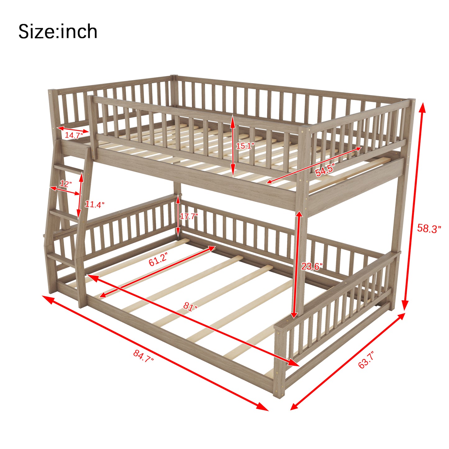 Gray wooden twin over twin bunk bed with ladder
