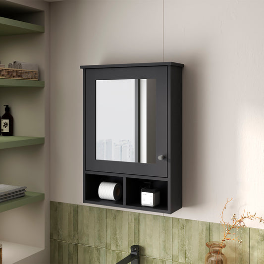 Black modern medicine cabinet with mirror and open shelves below