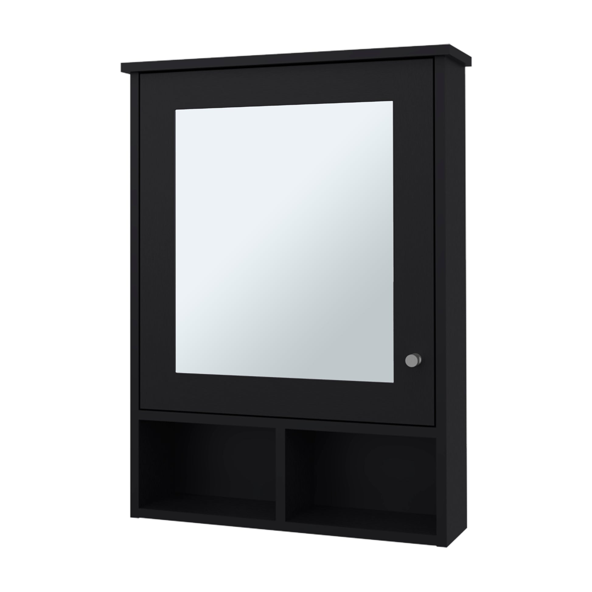 Black bathroom medicine cabinet with mirrored door and two open shelves below