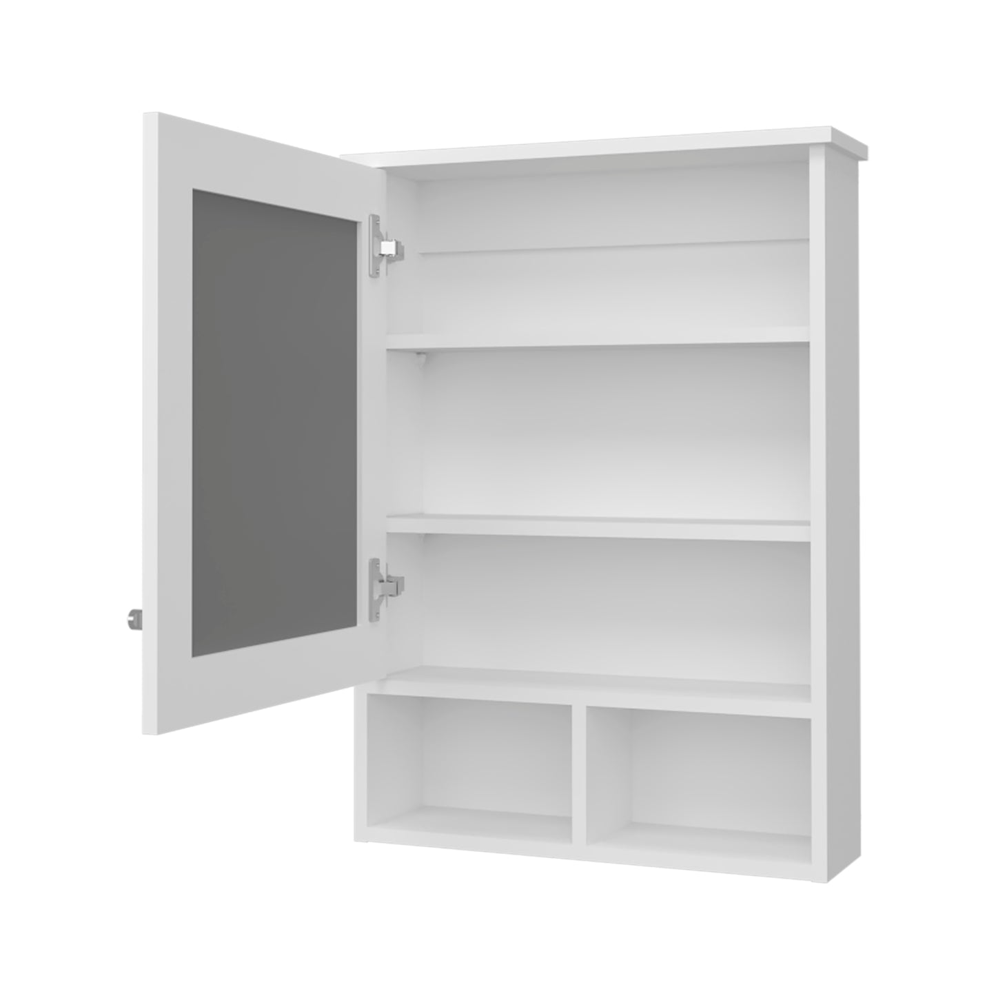 White modern medicine cabinet with mirrored door open featuring adjustable shelves for storage