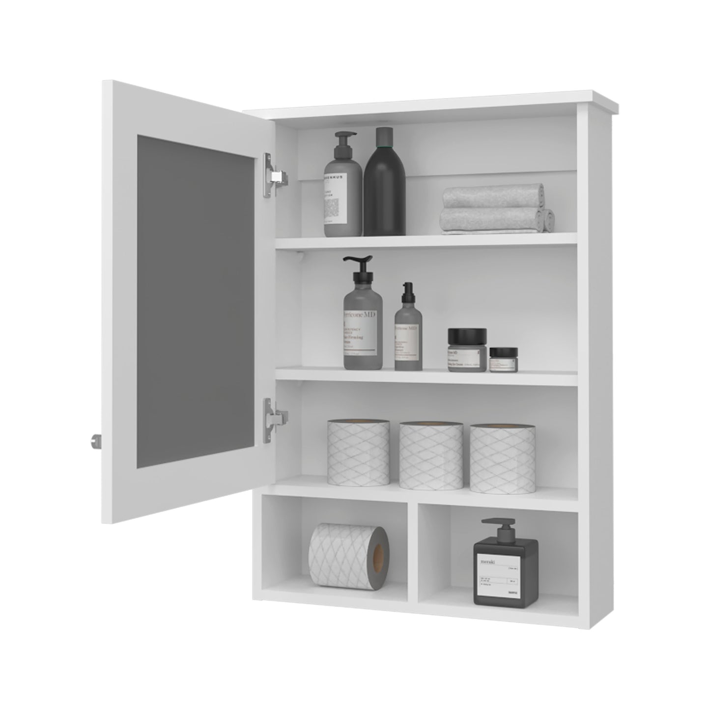 White modern bathroom cabinet with mirrored door storing toiletries and rolled towels