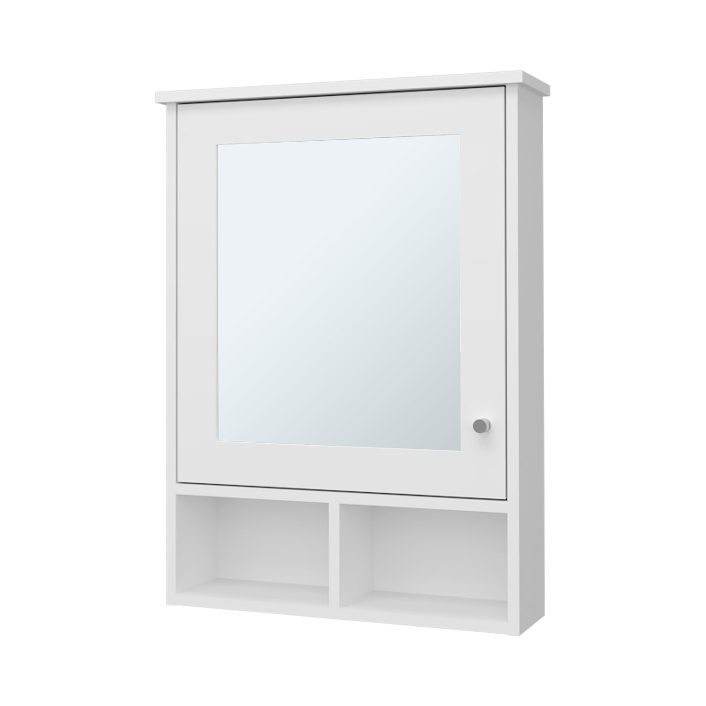 White modern medicine cabinet with mirrored door and open shelving below