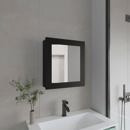 Black framed bathroom medicine cabinet mounted above a white sink with a matte black faucet