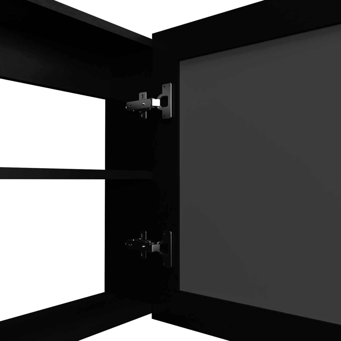 Black cabinet interior with silver door hinges and open shelf