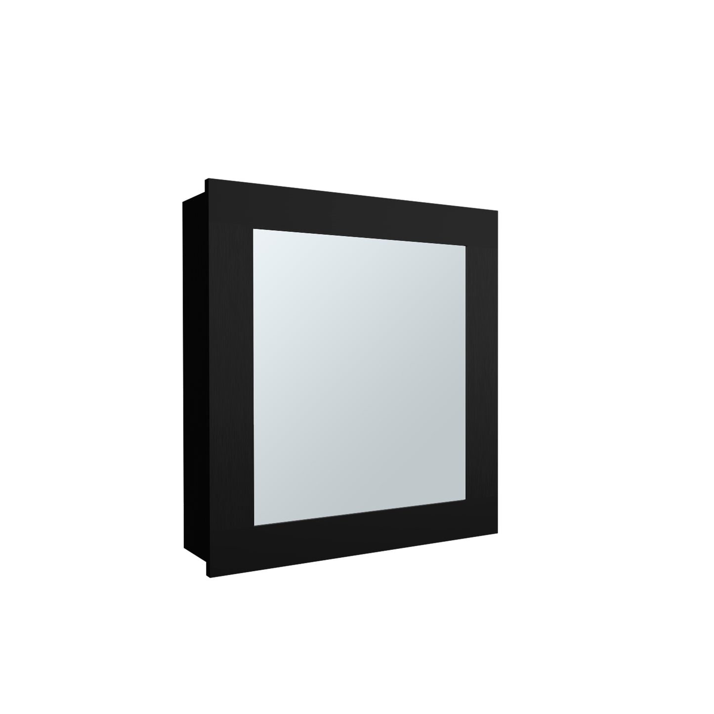Black framed square bathroom vanity mirror with a polished chrome finish
