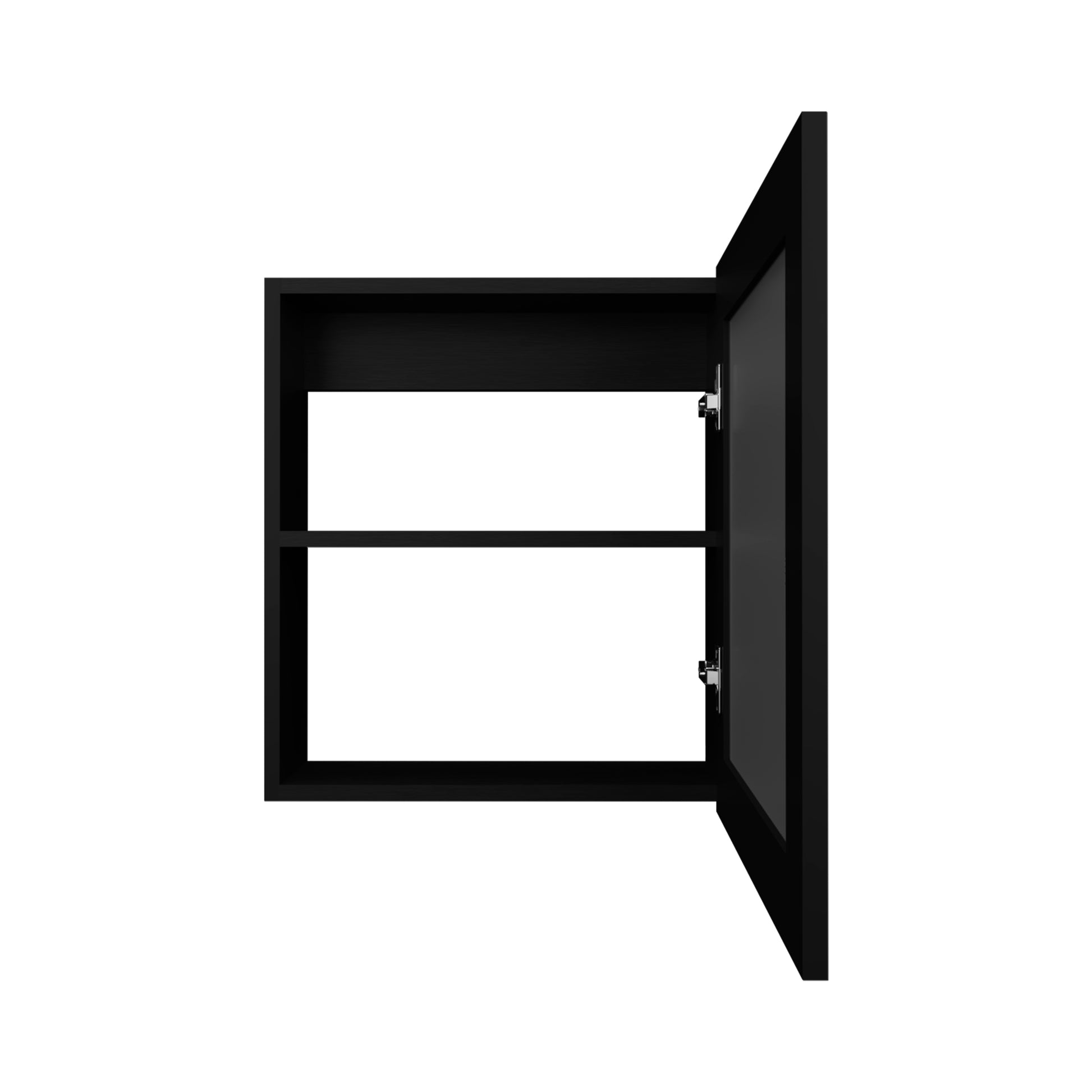 Minimalist black medicine cabinet with open door and two shelves