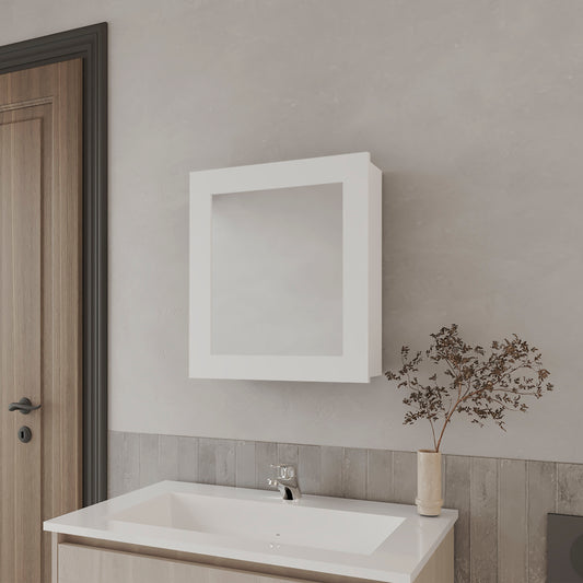 White framed medicine cabinet with mirror above a vanity sink