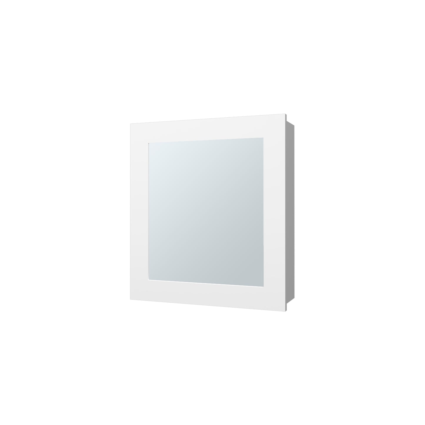 Minimalist white recessed medicine cabinet with reflective mirrored door