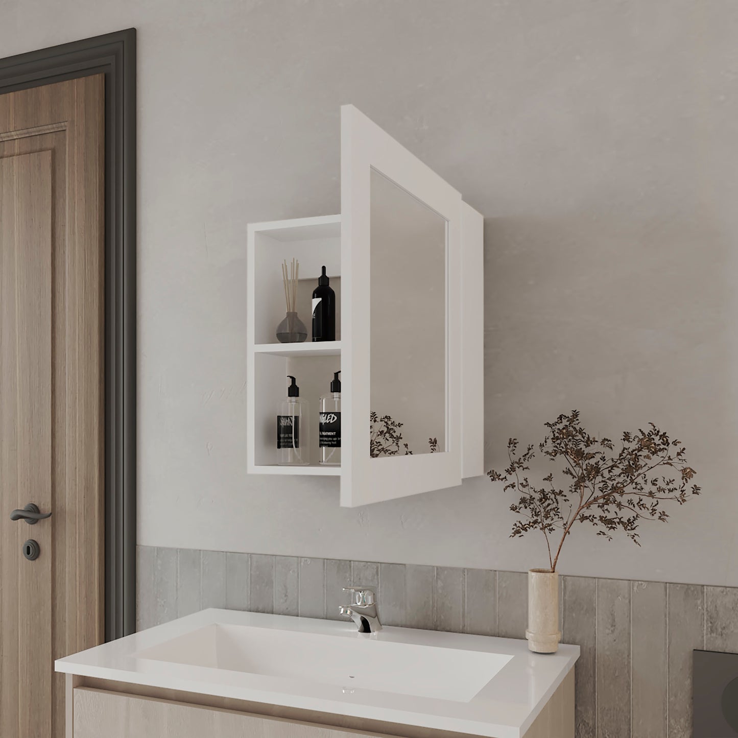 Modern white bathroom medicine cabinet with mirrored door and open shelves