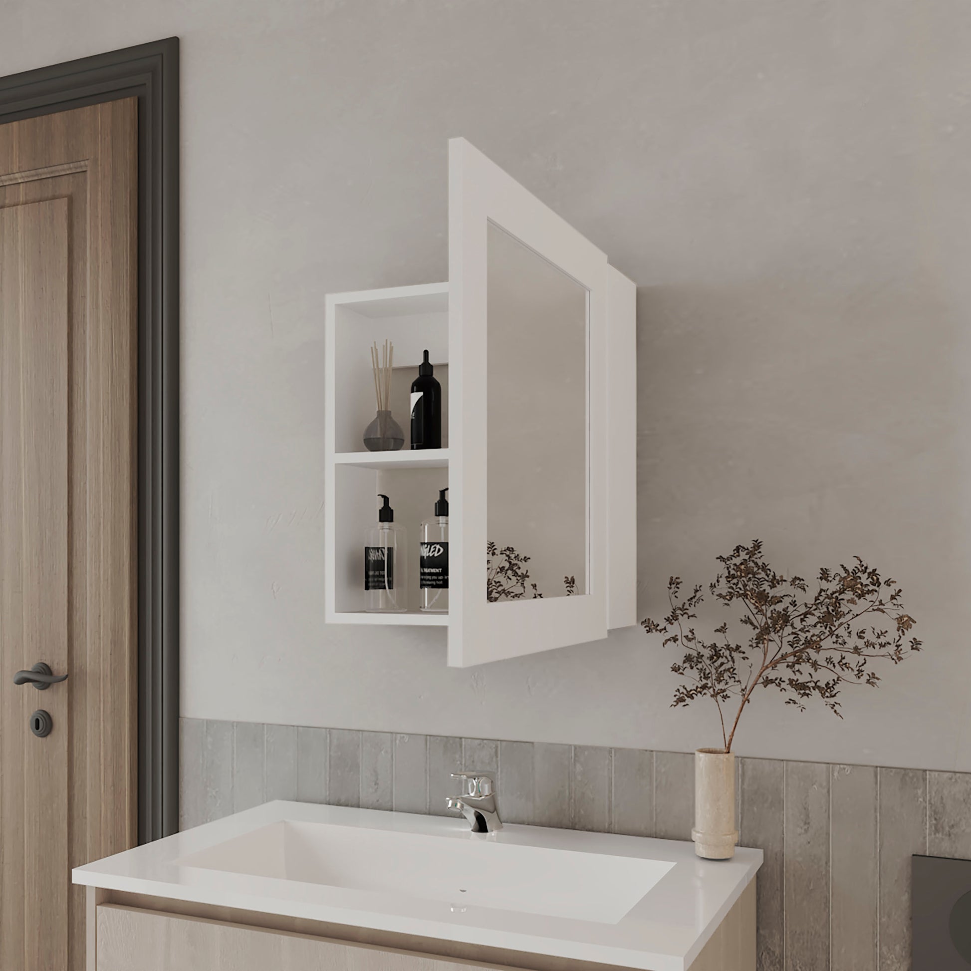Modern white bathroom medicine cabinet with mirrored door and open shelves