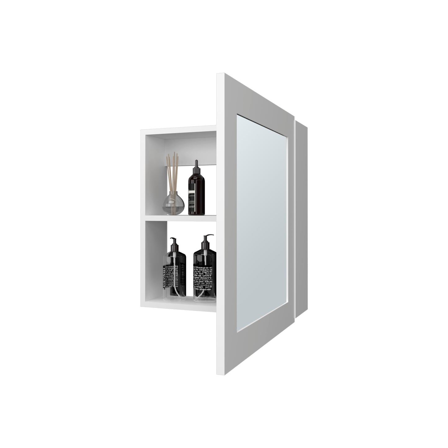 White medicine cabinet with mirrored door and open shelves containing bath products
