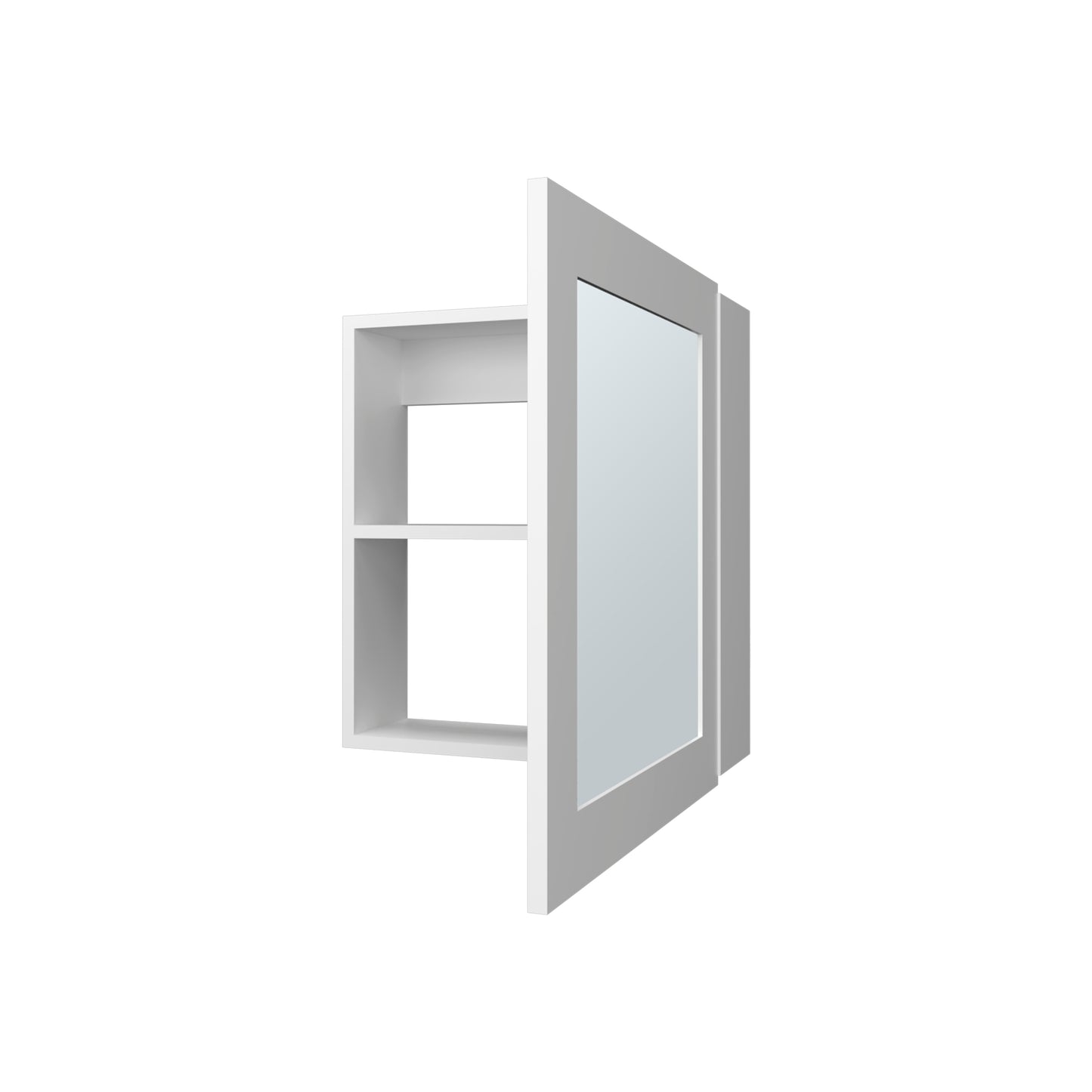 White recessed medicine cabinet with two shelves and a mirrored door