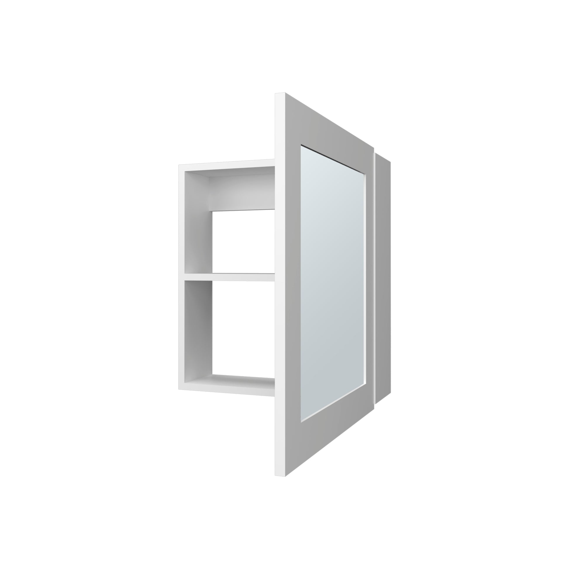 White recessed medicine cabinet with two shelves and a mirrored door