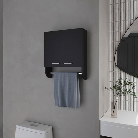 Black bathroom cabinet with integrated towel bar modern wallmounted storage solution