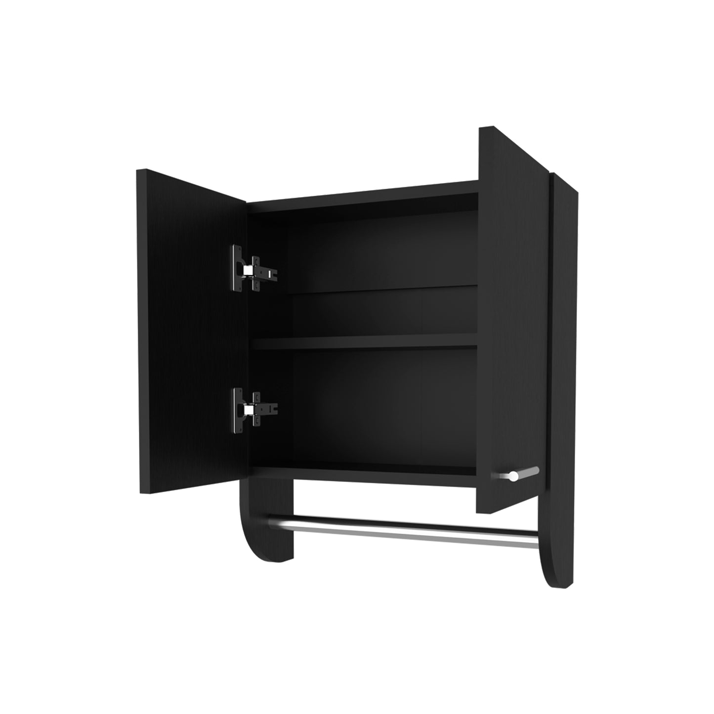 Modern black wall cabinet with open doors metal towel bar and two shelves for bathroom storage