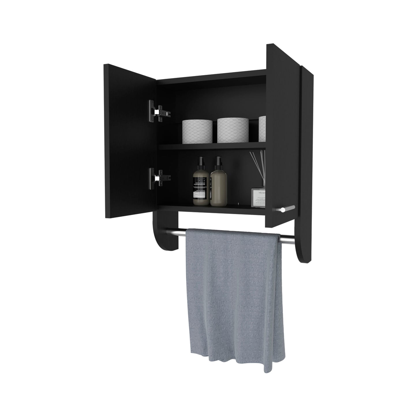 Black modern bathroom cabinet with open doors shelf towel bar and grey towel