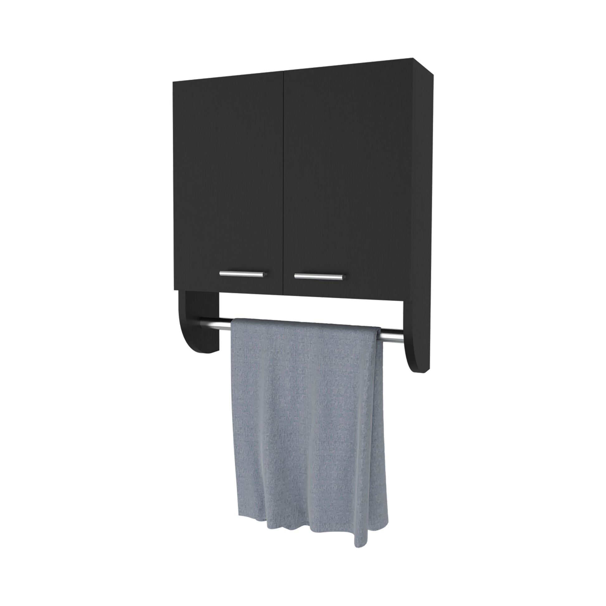 Black modern wall cabinet with chrome towel bar and gray towel