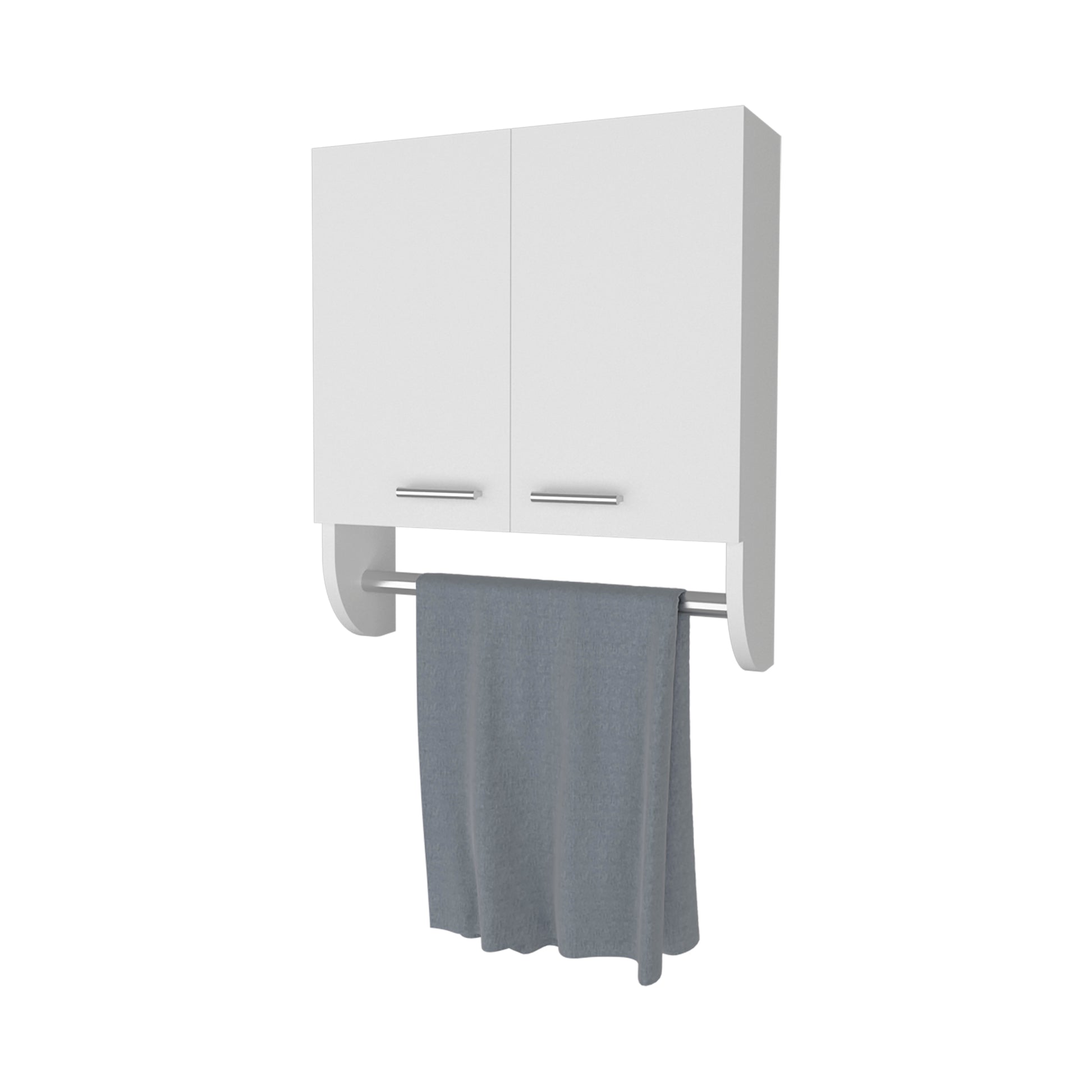 Modern white wall cabinet with integrated towel bar and gray towel