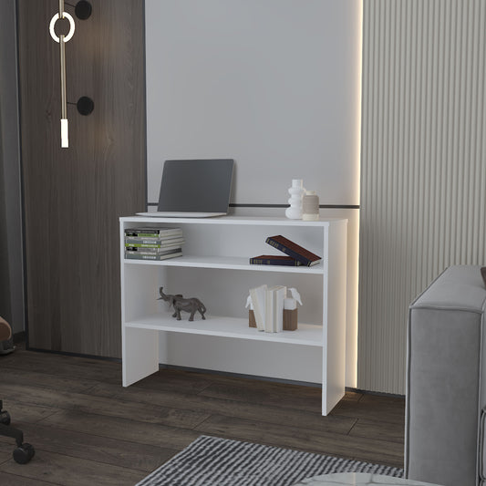 Sleek white threeshelf bookcase holding a laptop books and decorative items