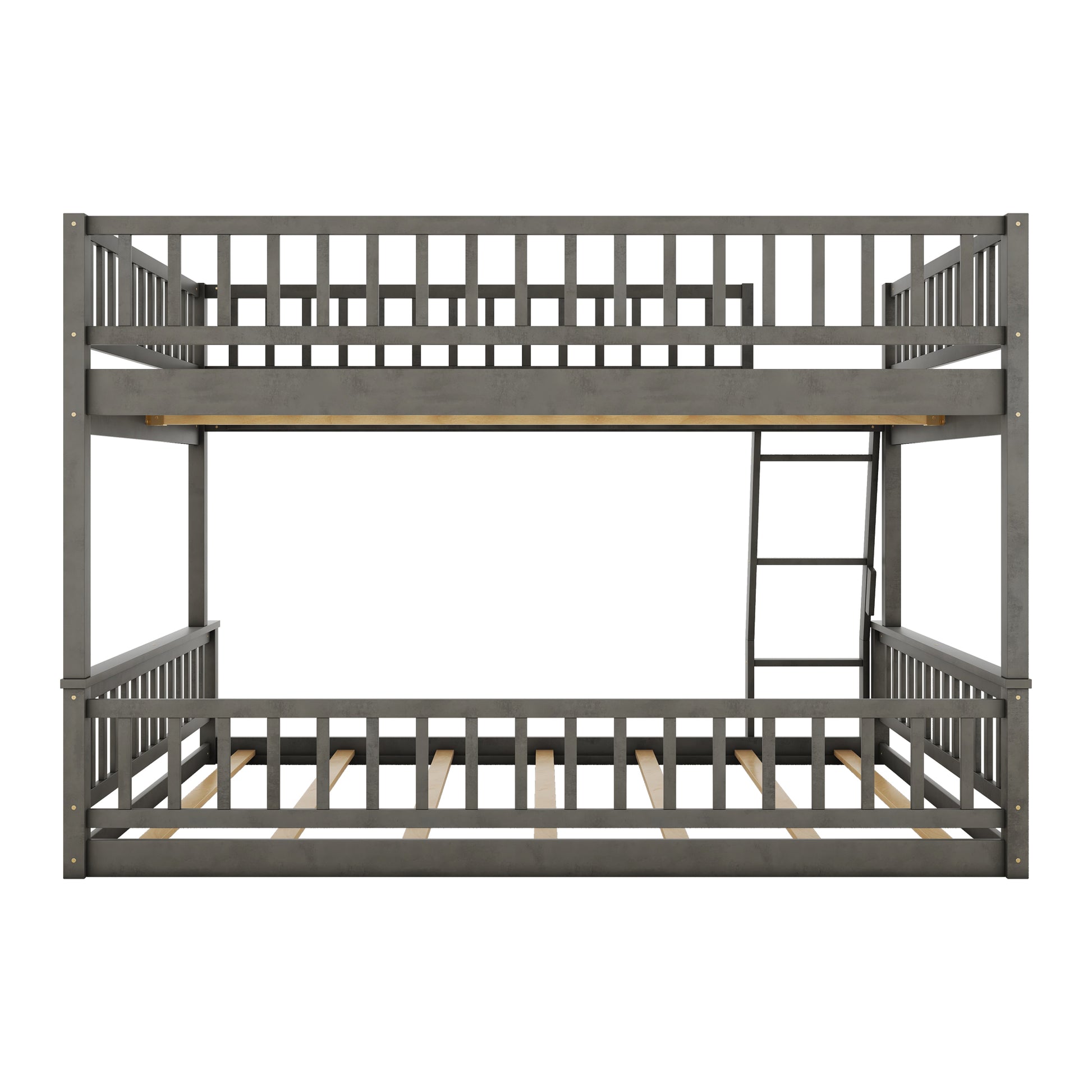 Gray wooden twin over twin bunk bed with ladder and slatted frames