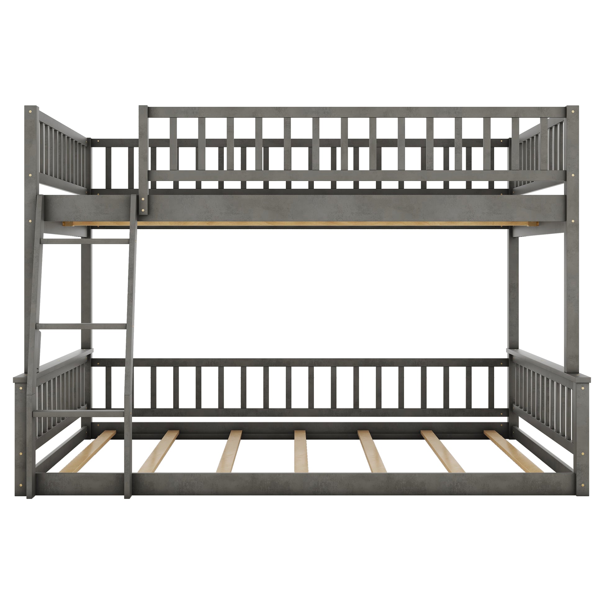 Gray wooden bunk bed with ladder and slatted frames