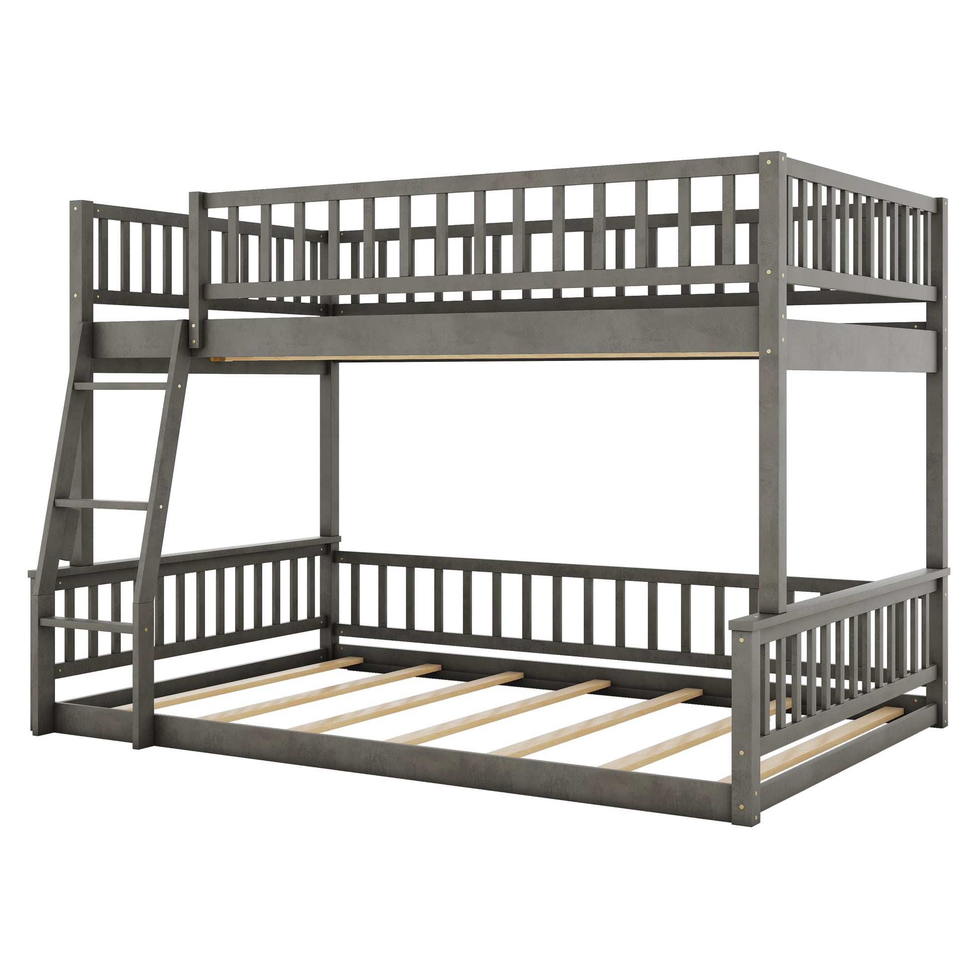 Modern gray wooden bunk bed with ladder