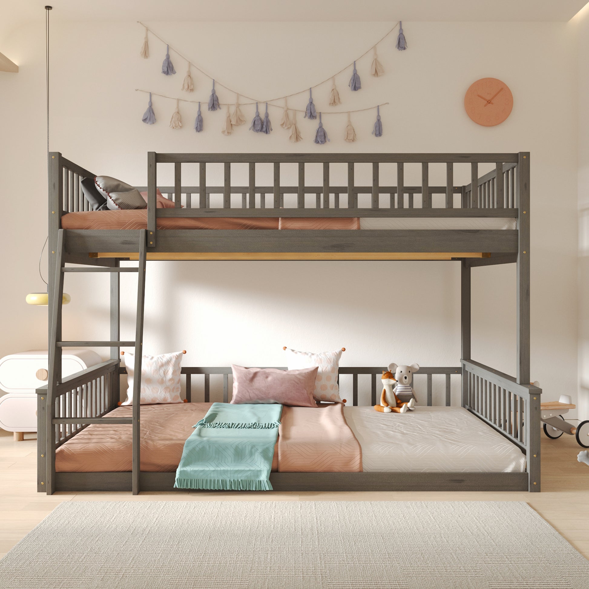 Grey wooden triple bunk bed with ladder and white bedding