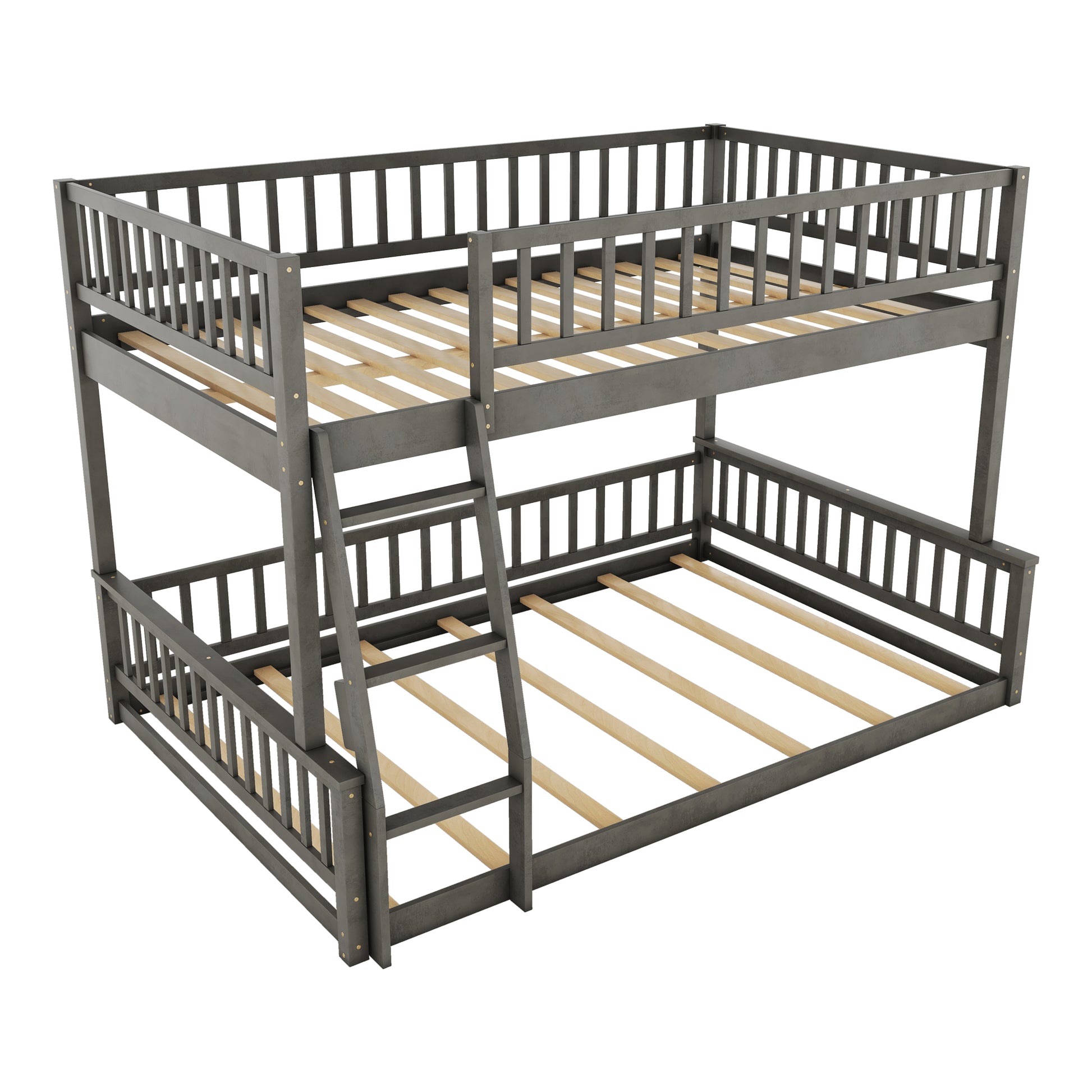 Dark gray wooden twin over twin bunk bed with slatted wood mattress supports and ladder