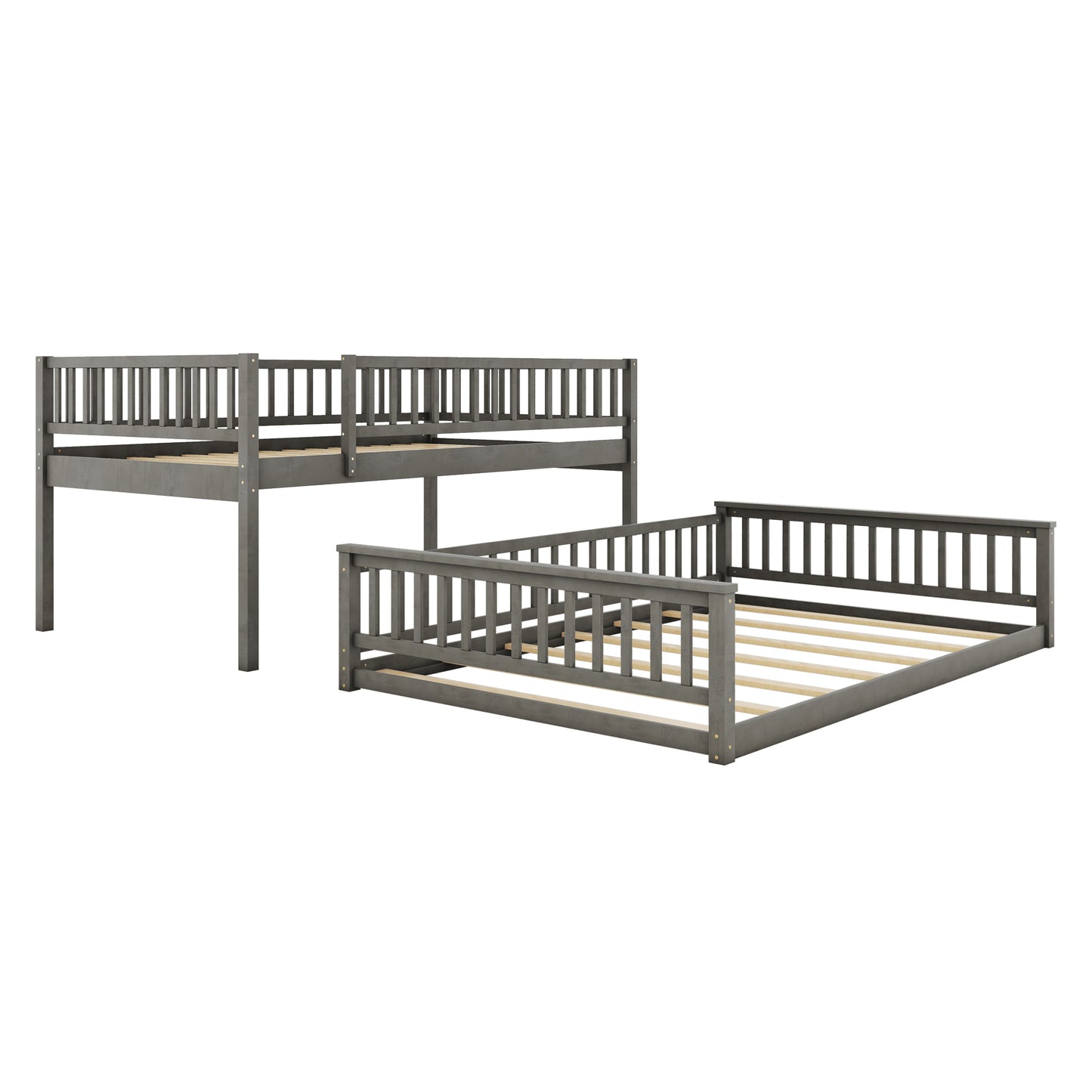 Gray wooden bunk bed with two twin size beds