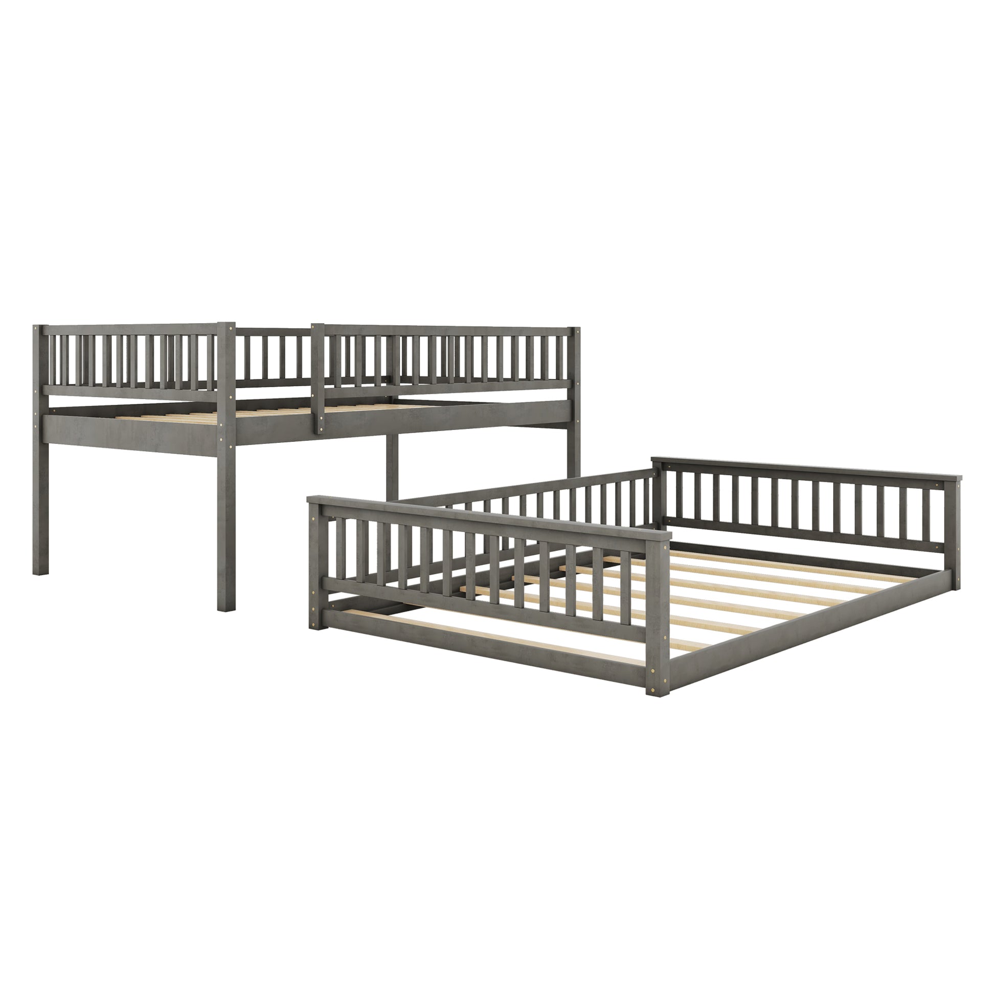 Gray wooden bunk bed with two twin size beds