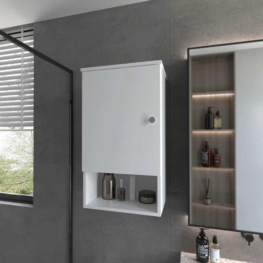 Modern white wallmounted bathroom cabinet with open shelf and sleek handle