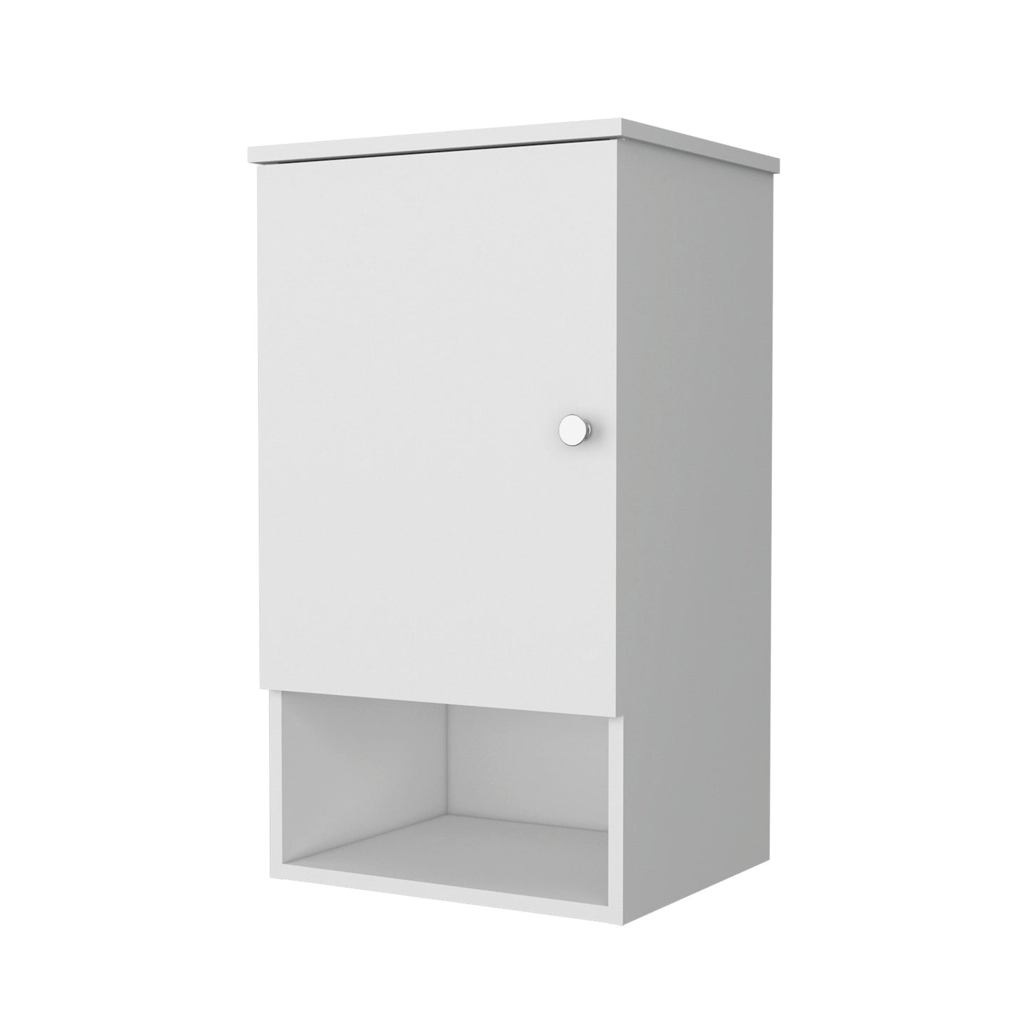 Modern white wallmounted cabinet with a single door and open lower shelf ideal for bathroom storage