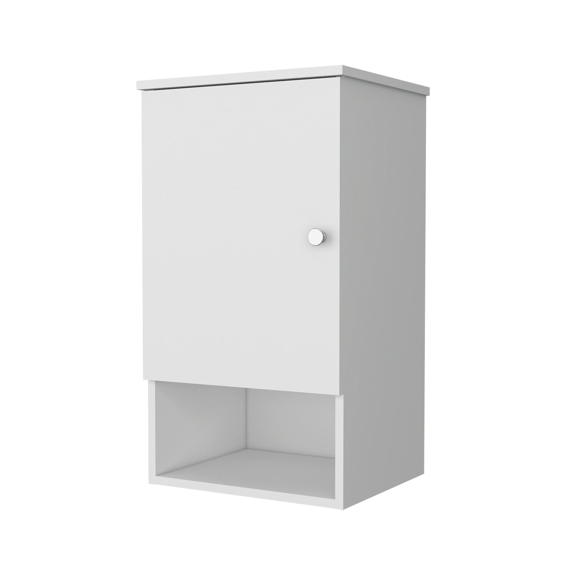 Modern white wallmounted cabinet with a single door and open lower shelf ideal for bathroom storage