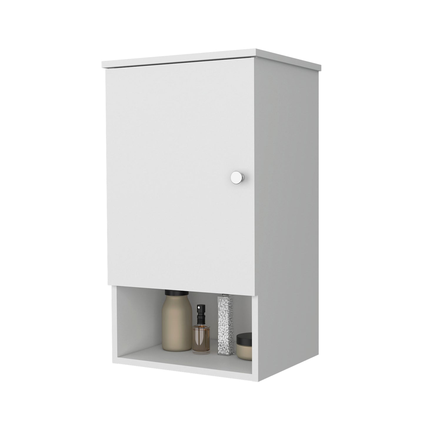 White modern bathroom cabinet with open shelf storing toiletries and a closed cabinet