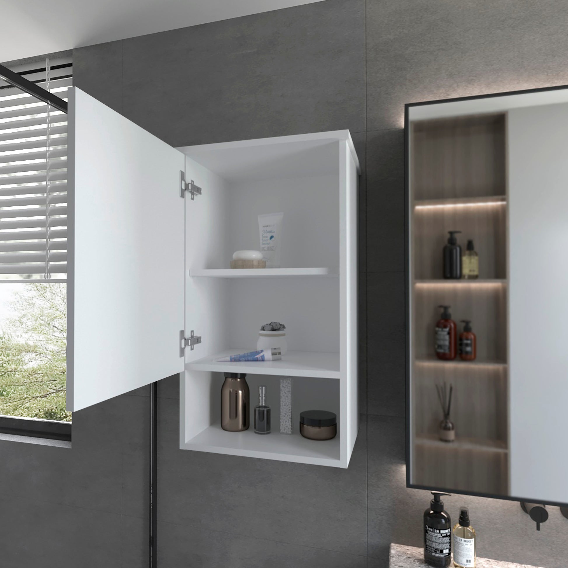 Open white wallmounted bathroom cabinet with shelves displaying toiletries and decorative items