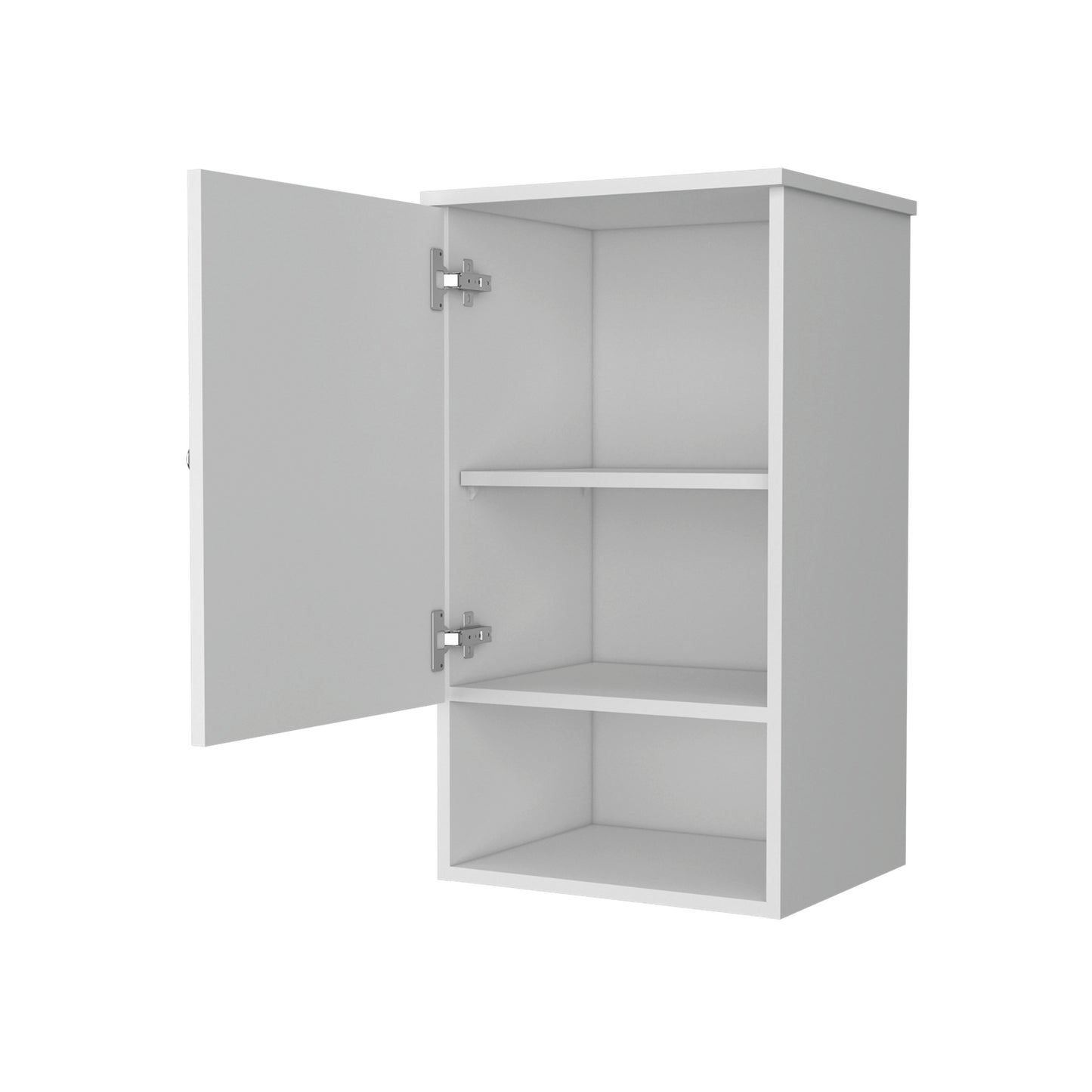 White modern wall cabinet with open door and two shelves for storage