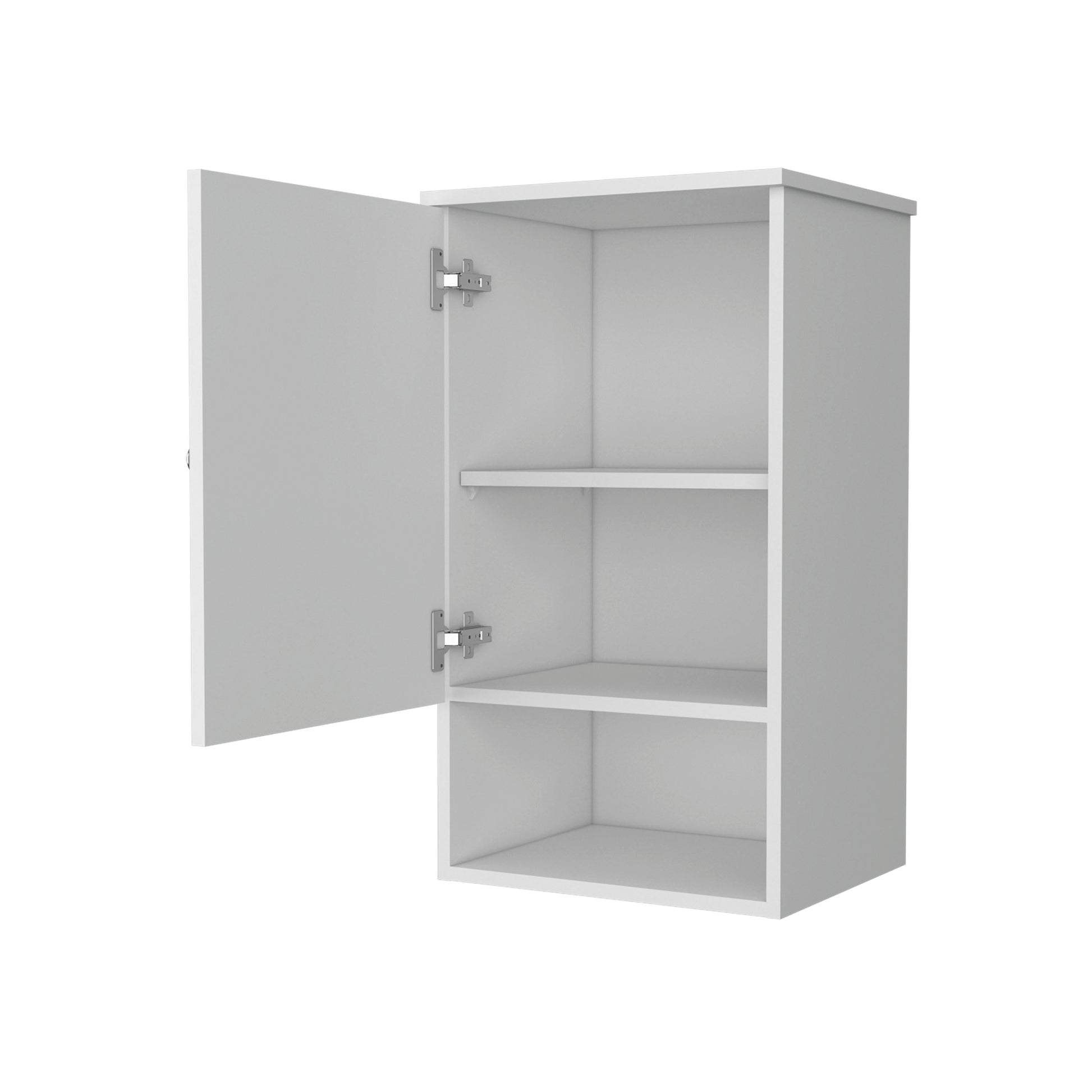 White modern wall cabinet with open door and two shelves for storage