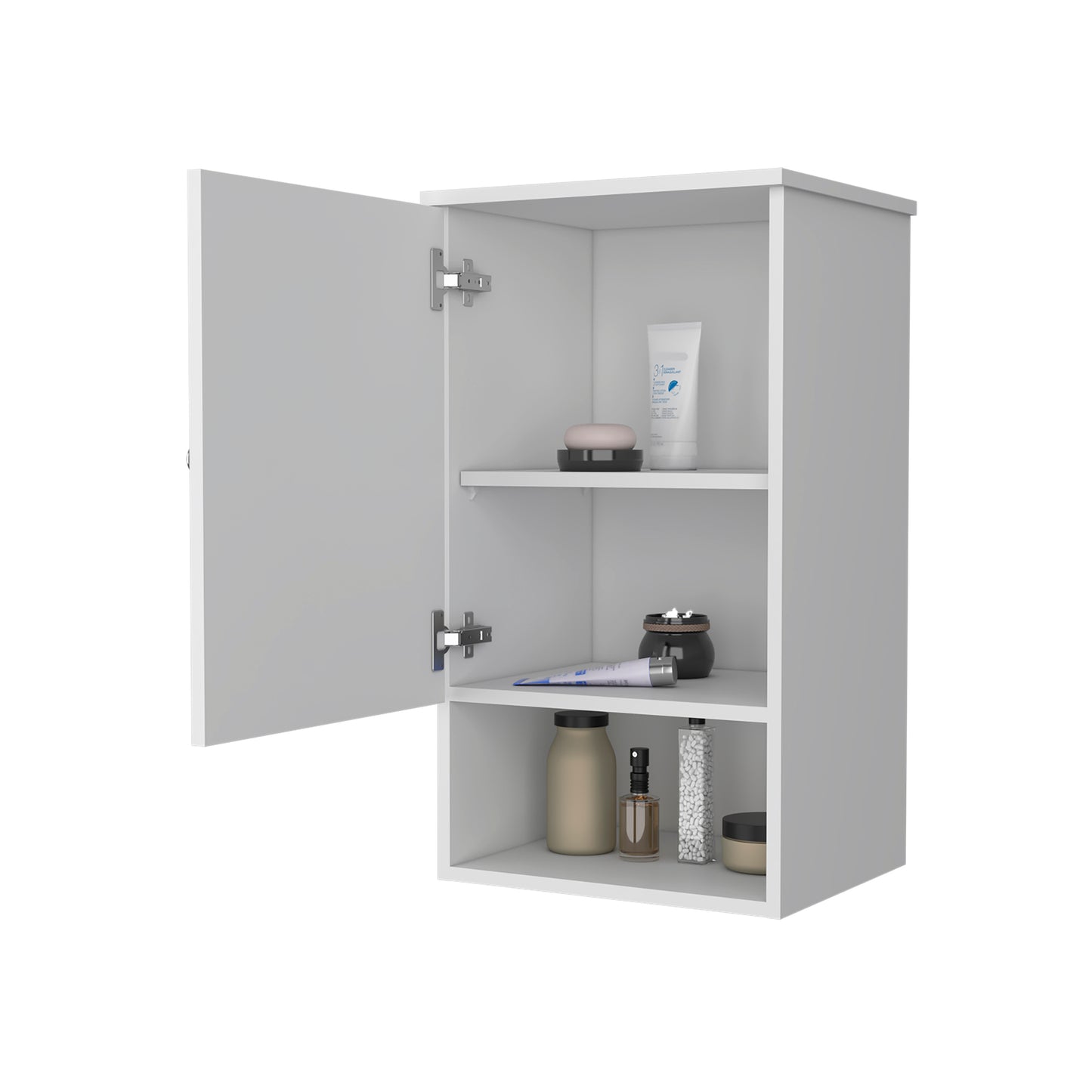 White bathroom cabinet with door open displaying toiletries like soap lotion and jars on shelves