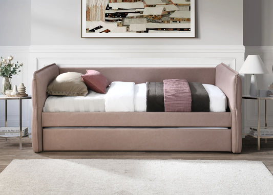 Dusty rose velvet daybed with pullout trundle perfect for guest rooms