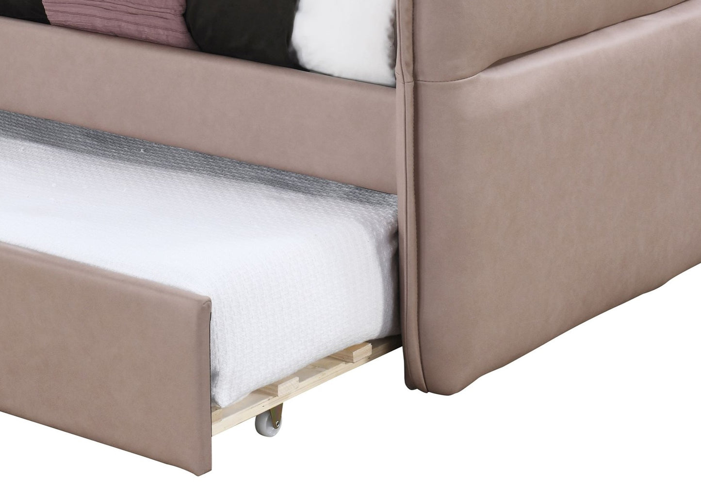 Beige upholstered sofa bed with a pullout trundle perfect for guest rooms