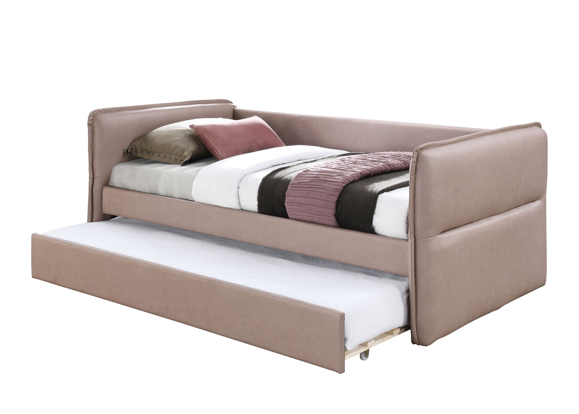 Taupe upholstered sofa bed with pullout trundle and decorative pillows