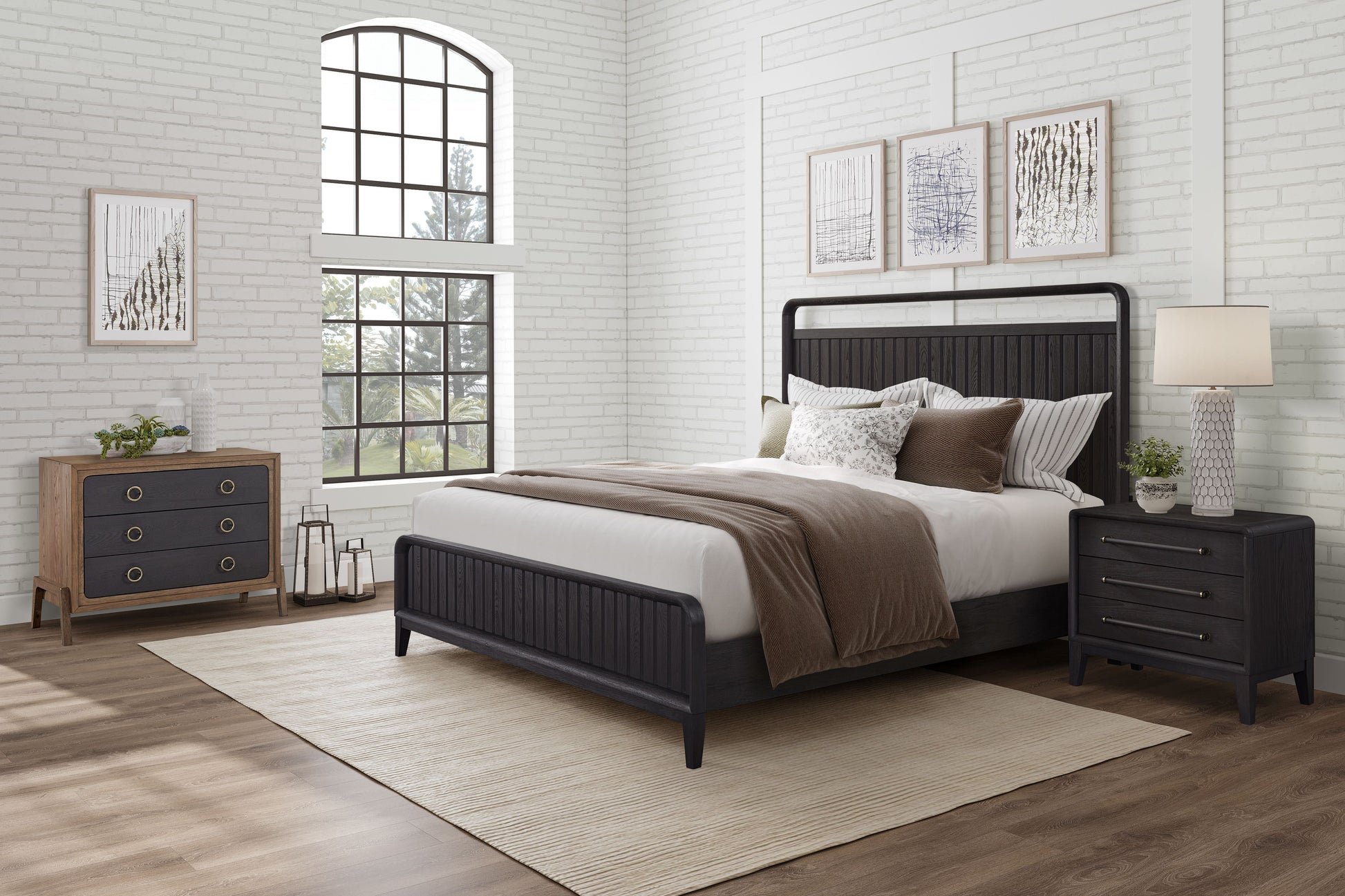 Dark wood platform bed frame with upholstered headboard and brown bedding