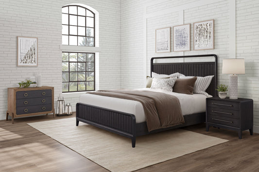 Dark wood platform bed frame with upholstered headboard and brown bedding